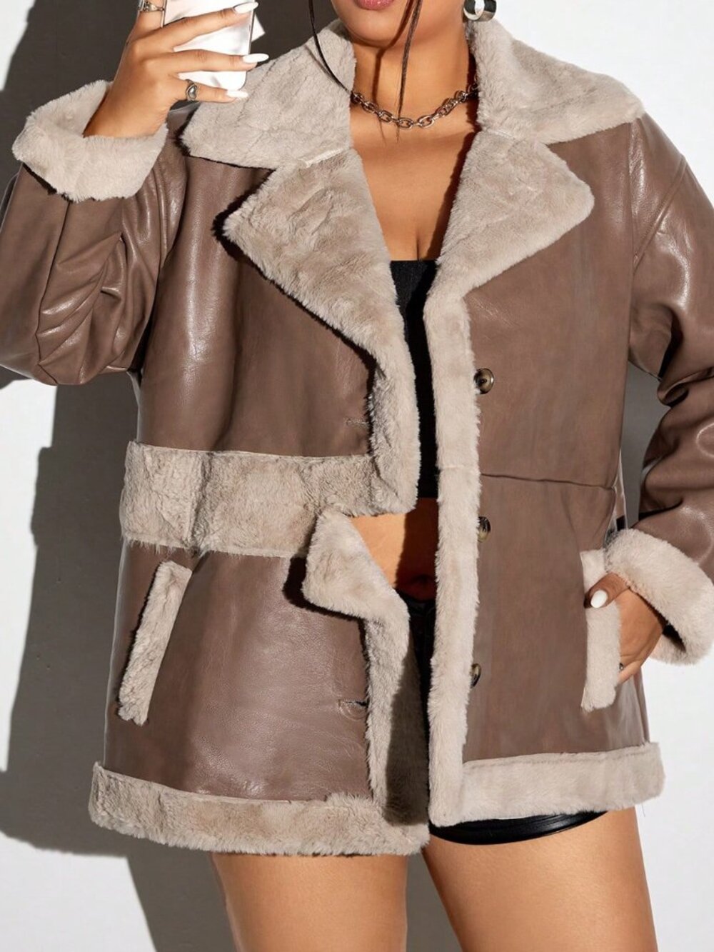Coffee Brown Casual Women's Patchwork Plus Size Front Button Faux Fur Jacket